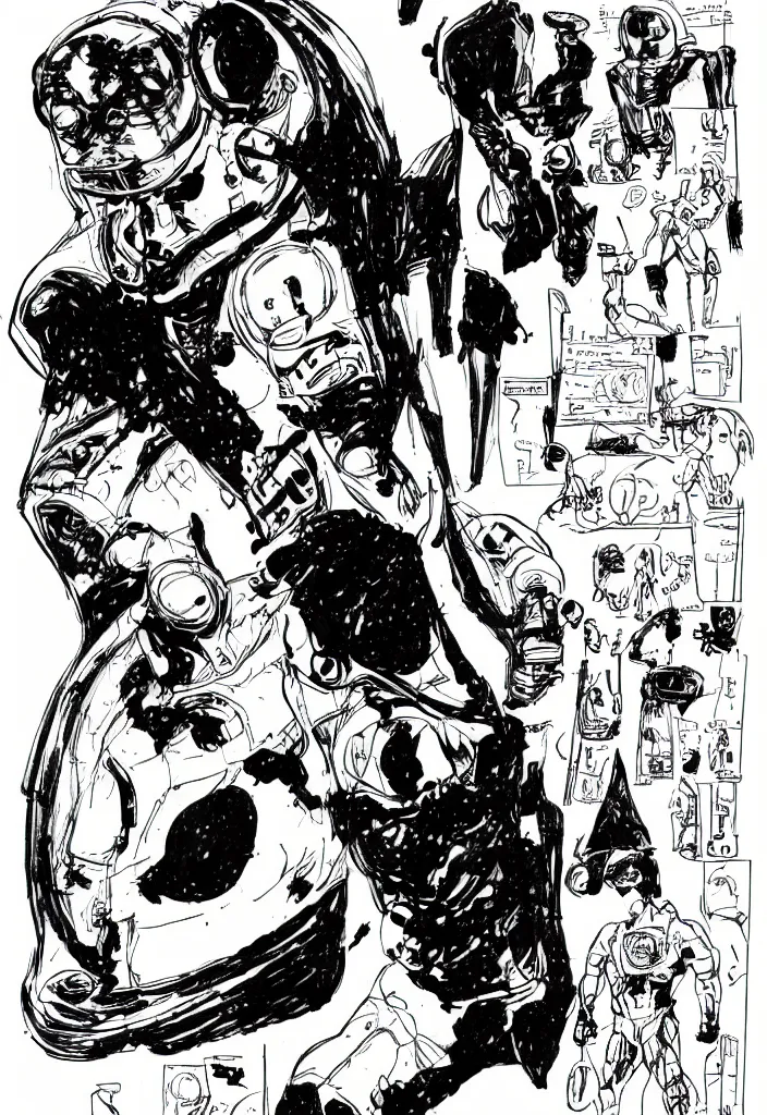 Image similar to male, heroic figure, space suit, science fiction, sketch, character sheet, very stylized, upa style, digital art, illustration, pen and ink, by mike mignola, by alex maleev