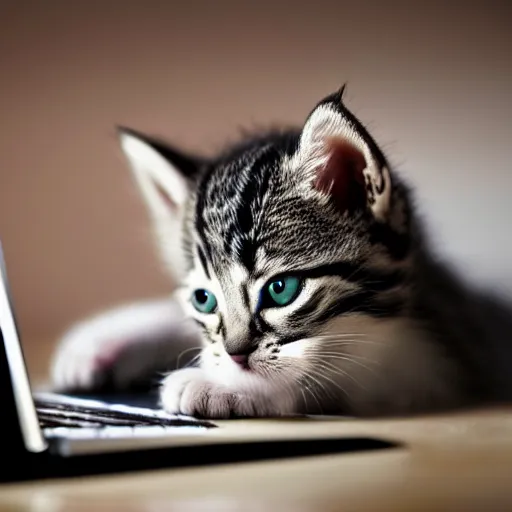 Image similar to photorealistic image of a single kitten playing on a laptop keyboard writing a letter to his friend