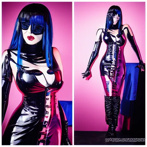 Image similar to CYBERPUNK big bust beautiful Claud Monet witch in latex dress