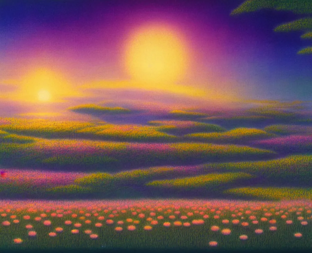 Image similar to a landscape pastel in the style of noriyoshi ohrai of a field of lotus flowers, glowing with iridescent mana, night time early dawn. key art. 4 k retrofuturistic fantasy