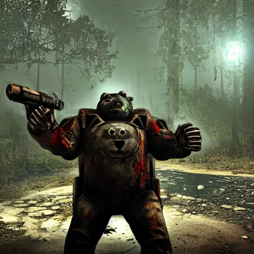 Prompt: Zombie bear vs a man in power armor with a minigun in his hands against the background of a radioactive forest, graphics, fallout 4 render, 3d computer render, maximum details, rain, night, spotlight,