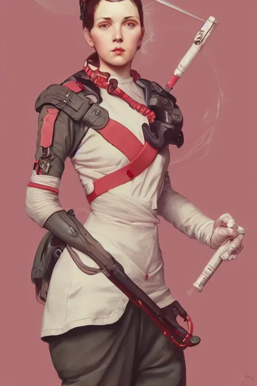 Image similar to covid - 1 9 nurse preparing for battle, pink and white and red, by tom bagshaw and alphonse mucha and atey ghailan and artgerm and and greg rutkowski, hyper realistic, octane render, trending on artstation