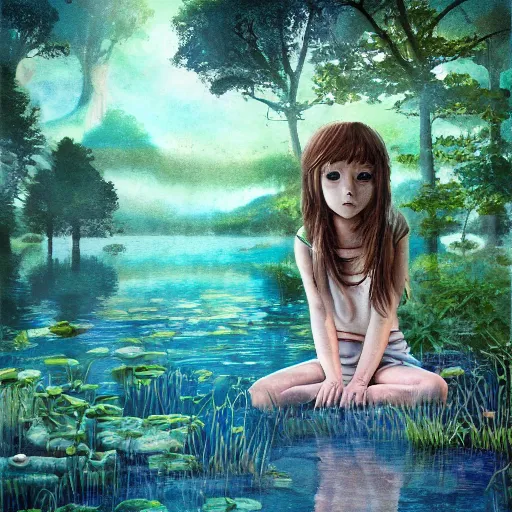 Prompt: forest child in a lake, ghibli, highly detailed faces, artwork, light, blue, fantasy