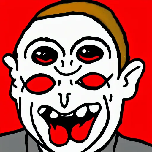 Prompt: red on white background ms paint doodle of group portrait of mr bean grey goblin looking funny looking smug - w 7 6 8