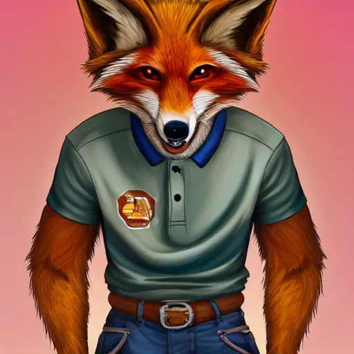 Prompt: anthropomorphic vulpes vulpes fulva wearing polo shirt and cargo shorts, male with lip piercing and blue eyes, 4 k, award winning extremely detailed fantasy art