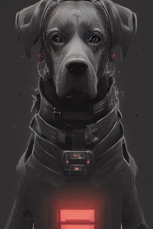 Prompt: a portrait of cyberpunk dog, grim - lighting, high - contrast, intricate, elegant, highly detailed, digital painting, artstation, concept art, smooth, sharp focus, illustration