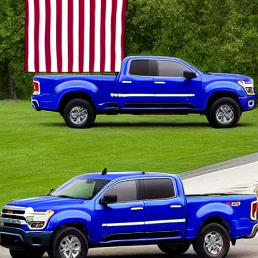 Image similar to photo of big blue biden pickup trucks with american flags on them.