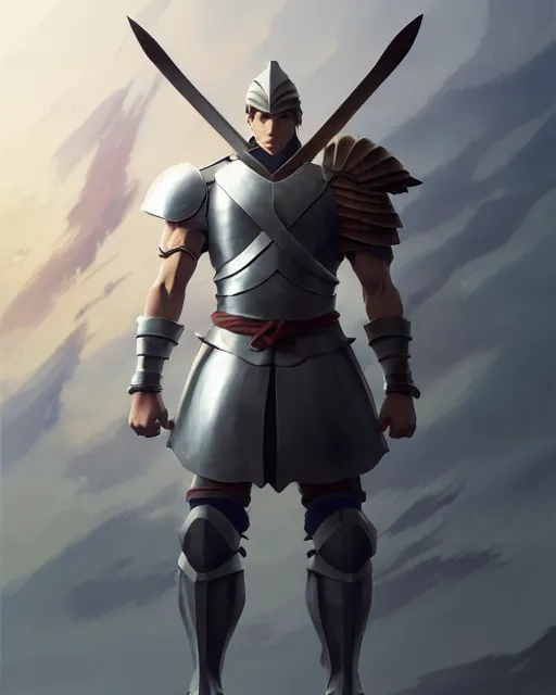 Prompt: strong muscular warrior with a greatsword and fully clad in plate armor, dramatic action pose, square masculine jaw, short messy hair, 3 d octane render, unreal engine 5, ultra high detail, cel shaded, trending on pixiv fanbox, by greg rutkowski makoto shinkai takashi takeuchi studio ghibli, akihiko yoshida