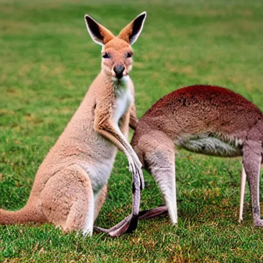 Image similar to a kangaroo and a very cute white rural dog photograph, high quality, award winning, National Geographic