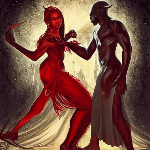 Prompt: a photograpic portrait of a black man dancing with a female devil wearing red clothes, Dark souls themed, fantasy, intricate, elegant, highly detailed, digital painting, artstation, concept art, smooth, sharp focus, illustration, art by artgerm and H R Giger and alphonse mucha