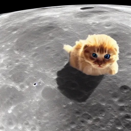 Image similar to cute little golden eyed scottish fold on the moon, realistic