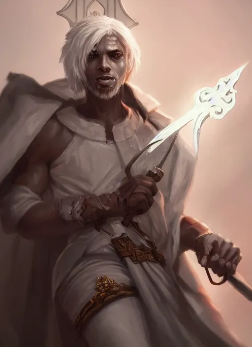 Image similar to a highly detailed illustration of sadistic white haired tanned african priest wearing white robe, wielding bloody cross sword, gothic church background, intricate, elegant, highly detailed, centered, digital painting, artstation, concept art, smooth, sharp focus, league of legends concept art, wlop