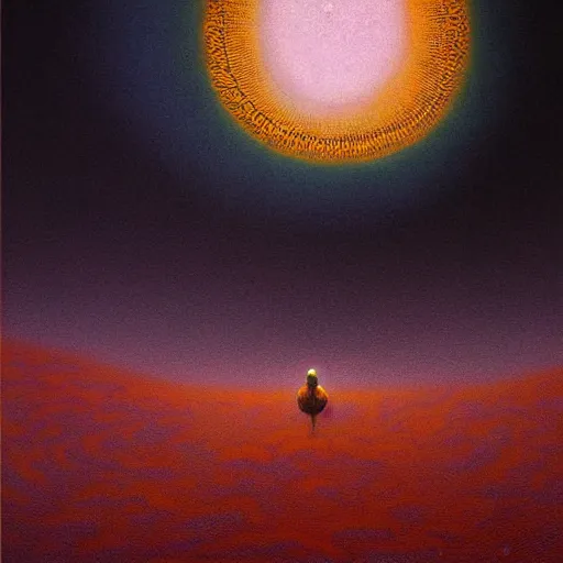 Prompt: the moon on fire by lisa frank inspired by zdzislaw beksinski, highly detailed background