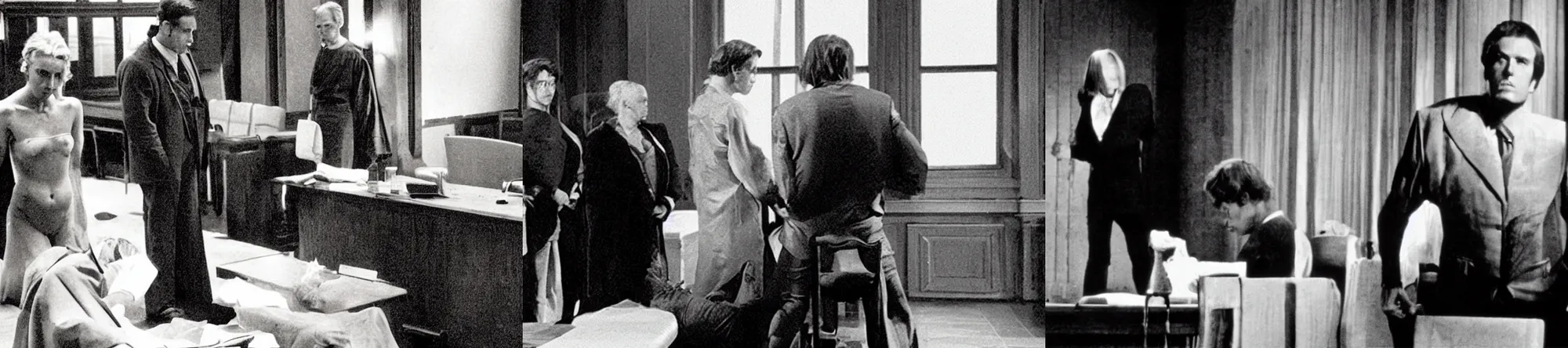 Prompt: still of gerna, a film by brian de palma featuring a public humiliation in a courtroom in the style of a novel by marquis de sade