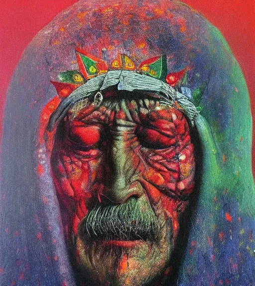 Prompt: Portrait painting in a style of Beksinski of an old shaman dressed in a colorful traditional clothes.