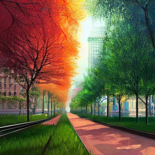 Prompt: Beautiful city of the future, overgrown with trees and plants. Nice colour scheme, warm colour. Beautiful artistic digital painting by artist Lurid. (2022)