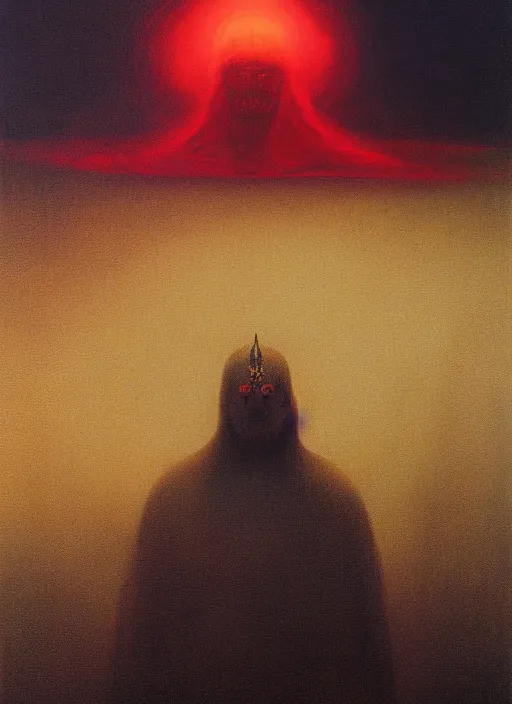 Prompt: lord loss, the king of hell, book portrait, psychedelic symmetric lights and fog, in the style of zdzislaw beksinski, glowing light and shadow, hyperrealist, 8 k