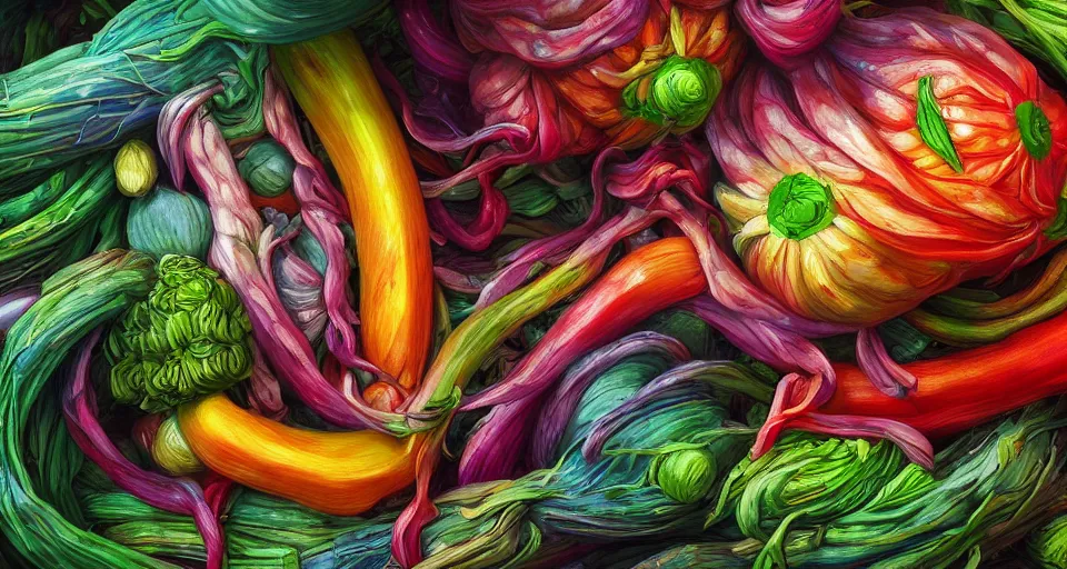 Image similar to a beautiful painting of a anamorphic vegetable, gigantic, octane render, brilliantly coloured, intricate, ultra wide angle, trending on artstation, 8k