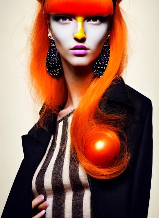 Prompt: coat for a rave,Orange hairstyle, earrings, bright soft colors, black background, many details, prints, photo for a magazine, photo for a store, fashion photography, Vogue, 135 mm, cinematic, hyper realism, high detail, octane render, 8k, chrome accents, very coherent symmetrical artwork, perfect face model, Soft light, Reduced contrast