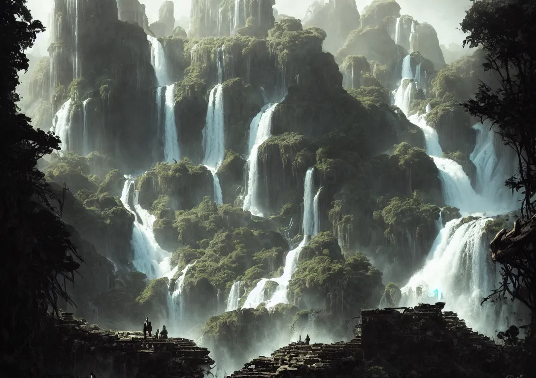 Prompt: lost traveller is exploring lost ruins, large waterfall on the right, there are ruins of ancient civilization!!!, ultra high definition, ultra detailed, symmetry, sci - fi, dark fantasy, in style of heavy metal comic, dark and horror style, metal by greg rutkowski and ross tran