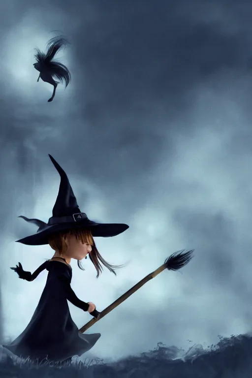 Image similar to a tiny witch, flying on her tiny broom, magical dust, black cat, dramatic lighting, cinematic, establishing shot, extremely high detail, foto realistic, cinematic lighting, post processed, concept art, high details, cinematic, 8k resolution, beautiful detailed, photorealistic, digital painting, artstation, concept art, smooth, sharp focus, artstation trending, octane render, unreal engine