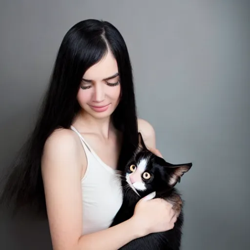 Image similar to a woman with long dark hair, big shiny dark eyes holding a cat in her arms, a stock photo by juan villafuerte and minerva j. chapman, pexels contest winner, high quality photo, rtx, hd, tumblr contest winner, anime, pretty, shiny eyes, sensual