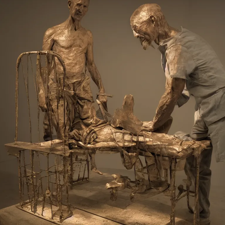 Image similar to hyperrealistic sculpture of a fossilized bronze chinese prisoner on an operating table in a cage on a pedestal, surrounded by surgeons, by duane hanson and lee bontecou and giacometti, patina, hyperrealistic dramatic colored lighting trending on artstation 8 k