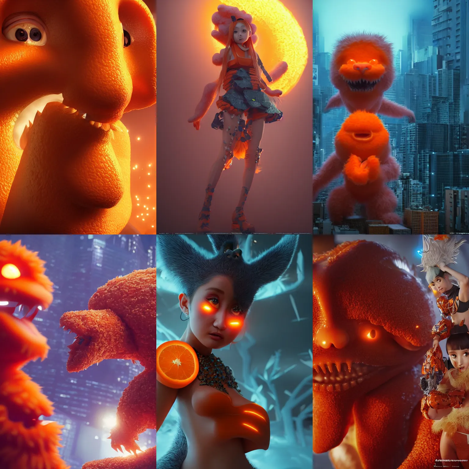 Prompt: ultrarealistic giant orange chicken nugget monster ariana grande in tokyo by yusuke murata, octane render, substance painter, movie action still frame, cinematic lighting, volumetric lighting, extreme intricate details, artstation, dnd art, cgsociety, sharp focus, ultra wide angle, digital painting by artgerm, gerald brom, wlop