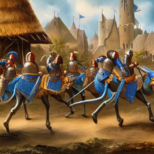 Prompt: A group of Knights wearing blue gambesons march through a village, while the villagers look in awe, stunning, cloudy, high complexity, fantasy, award-winning illustration, upscaled, 8k resolution