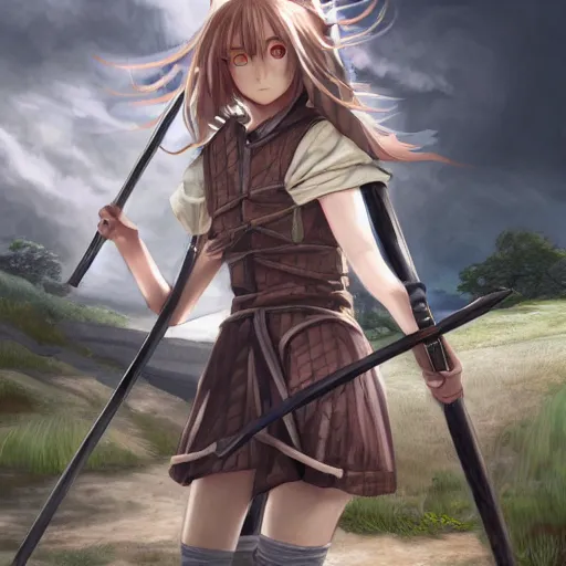 Prompt: wideshot, hyper detailed anime girl holding spear in the medieval era, dynamic lighting, photo realism, hyper realistic, 4k detailed, concept art