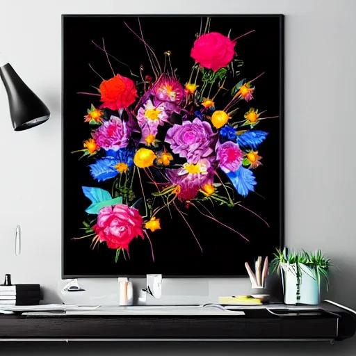 Image similar to flowers, retrowave epic art, trending on art station