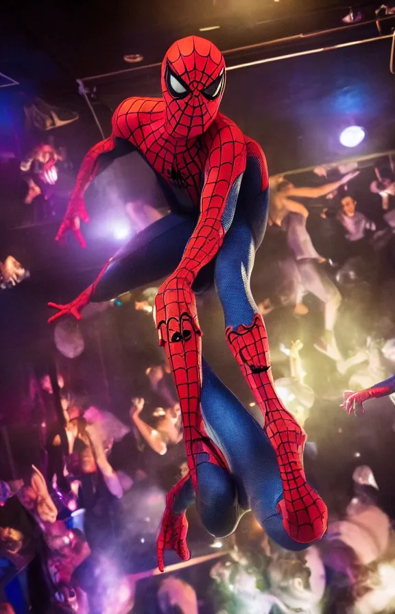 Image similar to Spider-man dancing with a lot of spiders in a disco club