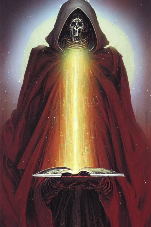 Image similar to painting of a cloaked tech priest holding a book, adeptus mechanicus!!!, cybernetic enhancements attached to his body, praise the omnissaiah, zdzislaw beksinski, lewis jones, mattias adolfsson, warhammer 4 0 k!!, cold hue's, warm tone gradient background, concept art, digital painting