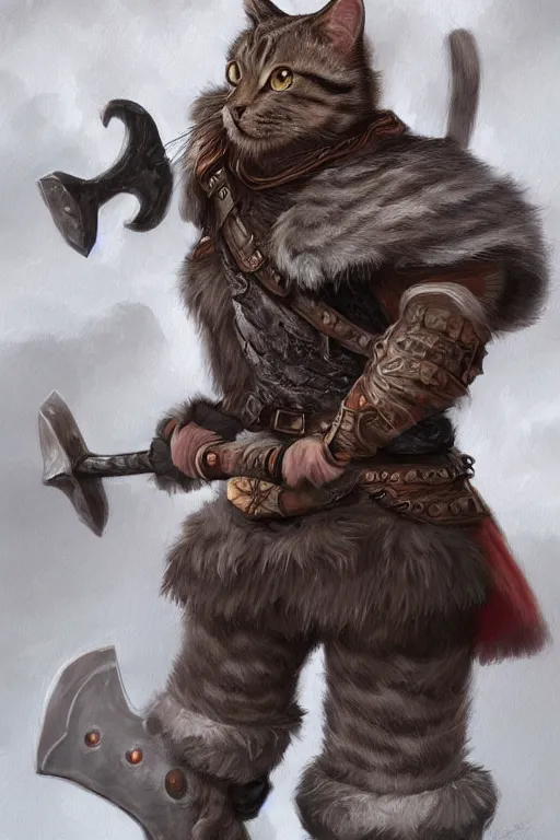 Image similar to Very detailed painted Dungeons & Dragons portrait of a cat warrior wielding an axe, trending on artstation, artstationHD, artstationHQ, 4k, 8k