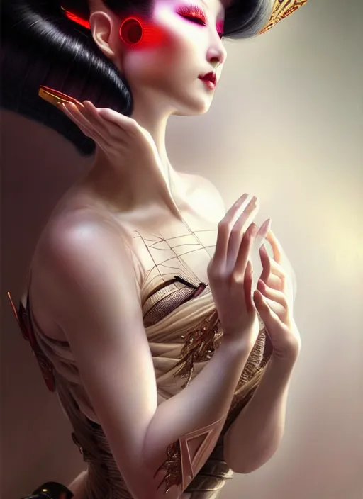 Image similar to organic seductive Geisha cyborg, pearlescent skin, diffuse lighting, fantasy, intricate, elegant, highly detailed, lifelike, photorealistic, digital painting, artstation, illustration, concept art, smooth, sharp focus, art by John Collier and Albert Aublet and Leonardo da vinci and Krenz Cushart and Artem Demura and Alphonse Mucha