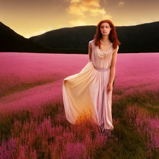 Image similar to photographic portrait of a stunningly beautiful renaissance female in soft dreamy light at sunset, field of fireweed, contemporary fashion shoot, by edward robert hughes, annie leibovitz and steve mccurry, david lazar, jimmy nelsson, breathtaking, 8 k resolution, extremely detailed, beautiful, establishing shot, artistic, hyperrealistic, beautiful face, octane render