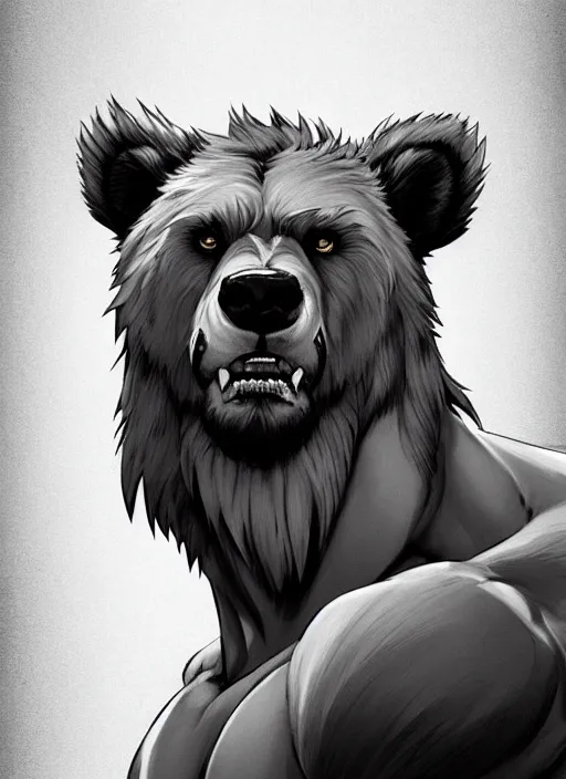 Image similar to award winning beautiful portrait commission art of a muscular male furry anthro grizzly bear fursona with a cute beautiful attractive detailed furry face wearing gym shorts and a tanktop. Character design by charlie bowater, ross tran, artgerm, and makoto shinkai, detailed, inked, western comic book art