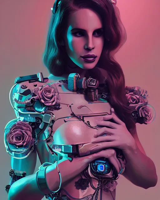 Image similar to portrait of lana del rey as a cyberpunk cyborg. roses, sci - fi, missing panels, intricate abstract, upper body, intricate artwork, by tooth wu, wlop, beeple, dan mumford. concept art, 8 k octane render, deviantart, greg rutkowski, cinematic, key art, hyperrealism, iridescent accents