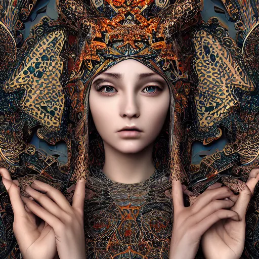 Image similar to wonderful princess of fractals and patterns, beautiful face, hyper detailed, background intricate and detailed, ornate 8 k gorgeous intricate detailed, octane render