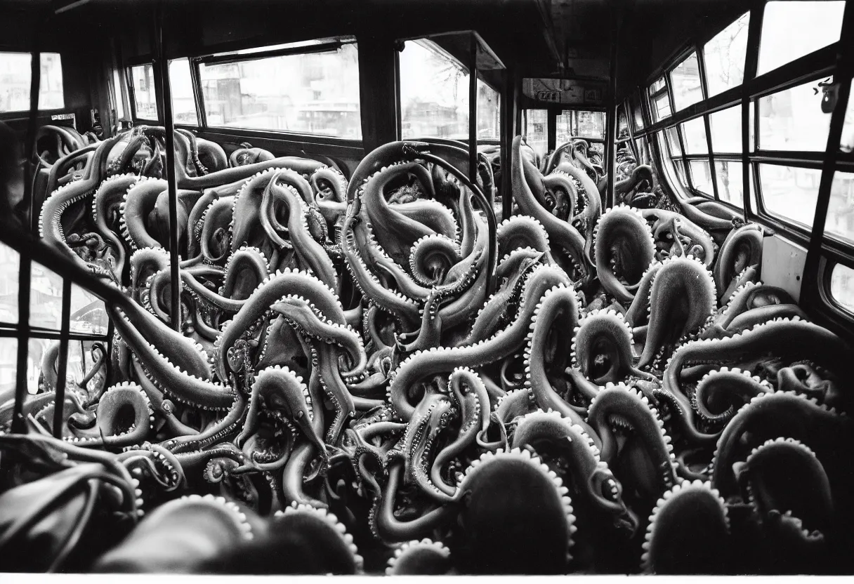 Image similar to photo of a interior of a crowded bus, there is a huge monster octopus trying to break in, octopus beak, tentcles creeping in thrugh the windows and gaps, people are scared and screaming while trying to flee through the windows, 1 6 mm lens,