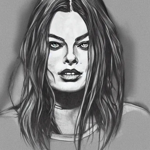 Image similar to grunge drawing of margot robbie in the style of the grudge