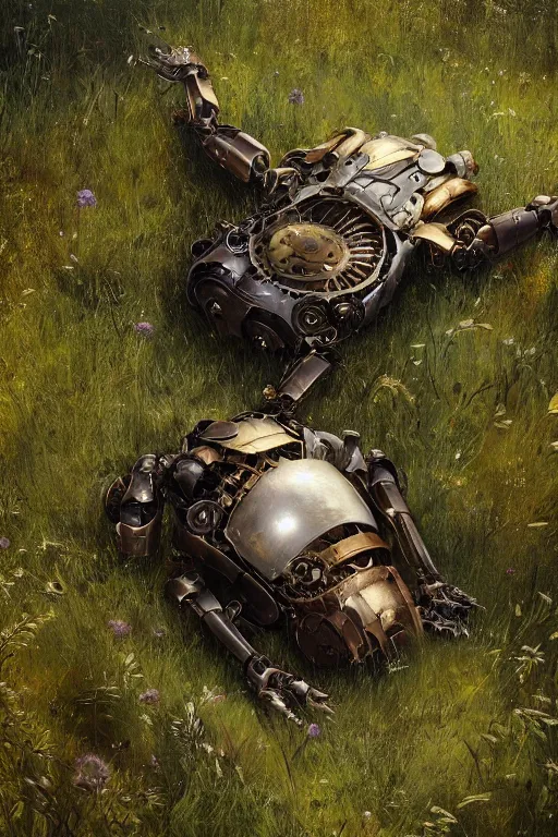 Prompt: a portrait of a broken mechanical steampunk robot laying in the meadow covered in plants by greg rutkowski, sung choi, mitchell mohrhauser, maciej kuciara, johnson ting, maxim verehin, peter konig, bloodborne, 8 k photorealistic, cinematic lighting, hd, high details, dramatic, dark atmosphere, trending on artstation