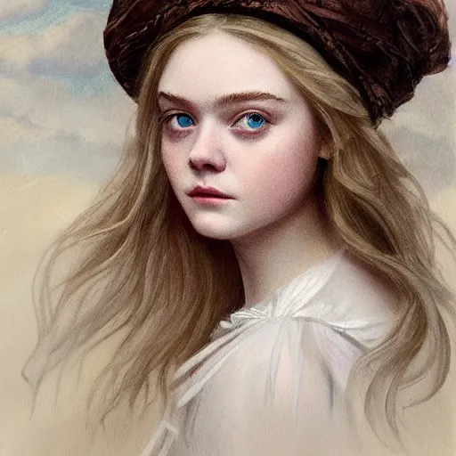 Prompt: professional painting of Elle Fanning in the style of Sophie Anderson, head and shoulders portrait, symmetrical facial features, smooth, sharp focus, illustration, intricate, stormy weather, extremely detailed masterpiece,