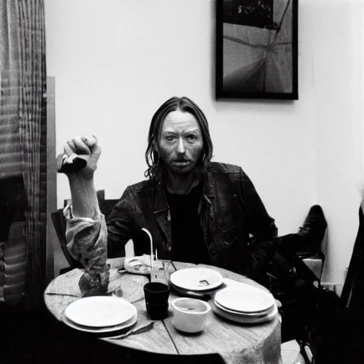 Image similar to 3 5 mm photograph of thom yorke having lunch with a literal radiohead