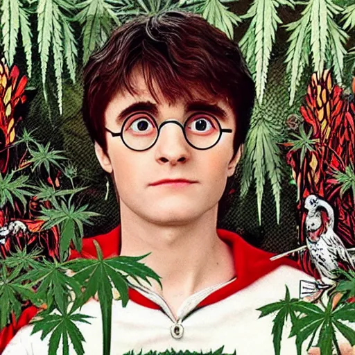 Image similar to harry potter holding a long joint, surrounded by weed plants, jungle of weed plants, red fire eyes, realistic