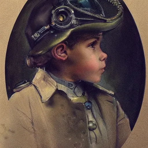 Image similar to (((((portrait of boy dressed as retro space explorer steampunk detective . muted colors.))))) by Jean-Baptiste Monge !!!!!!!!!!!!!!!!!!!!!!!!!!!