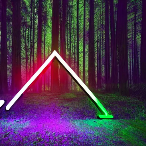 Prompt: neon sign in the shape of a arrow pointing the way in the forest at night, dynamic lighting, photorealistic concept art, hyper realism, stunning visuals