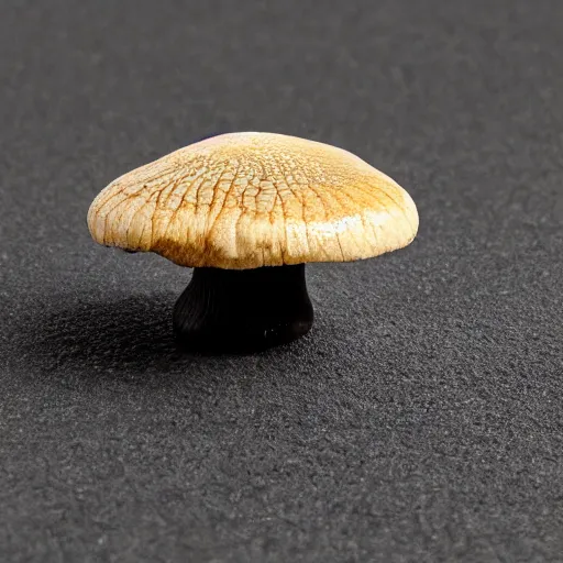 Image similar to one mushroom cap, bottom view, no stipe, black background, hyper realistic, 8k, epic composition