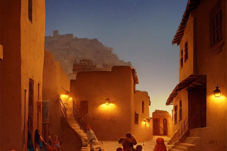 Image similar to in the middle of a adobe house kasbah town, mud and brick houses, merchant street, pueblo architecture, colorful crowd. Scenic view at night, underexposed, clean horizon, matte painting by raphael lacoste and marc simonetti and craig mullins and christophe vacher, trending on artstation