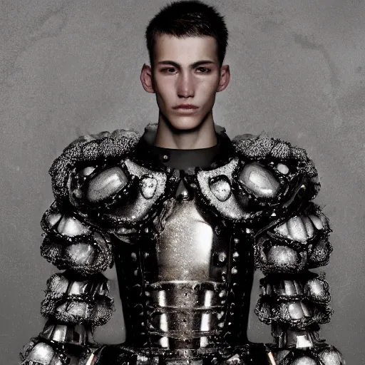 Prompt: a portrait of a beautiful young male wearing an alexander mcqueen armor made of hail , photographed by andrew thomas huang, artistic